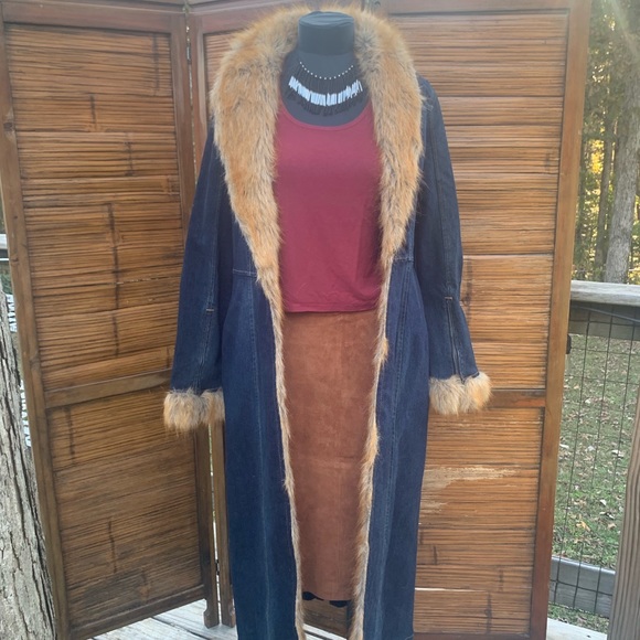 bebe Jackets & Blazers - Long Denim Jacket with Faux Fur Trim